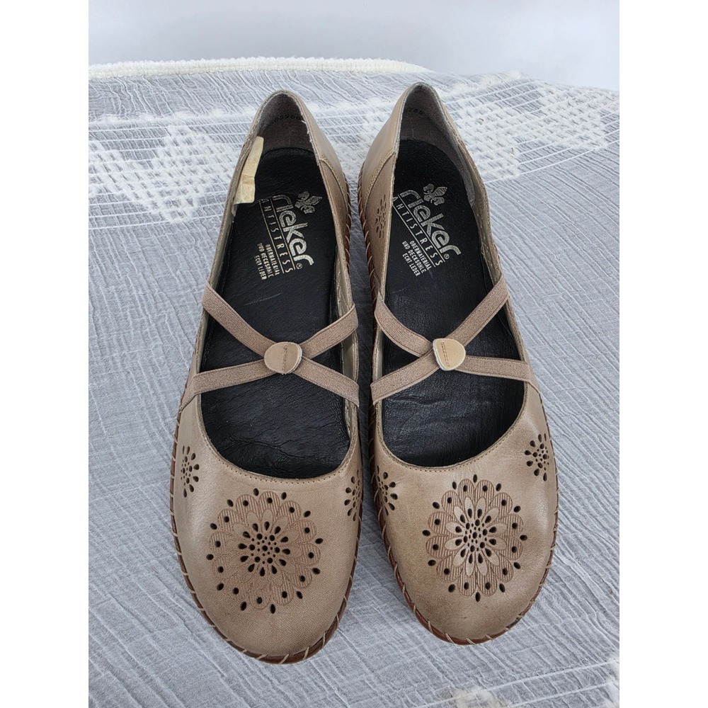 Rieker Antistress Womens Taupe Leather Laser Cut Mary Jane Flats Size 42